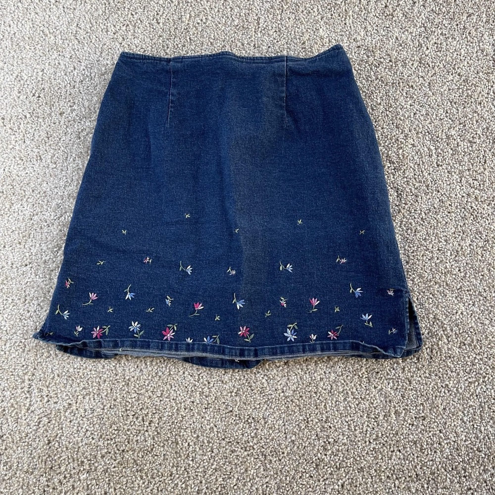 Y2K Route 66‎ Skirt Womens 7/8 Blue Denim A-Line Embroidered Floral Stretch Mini